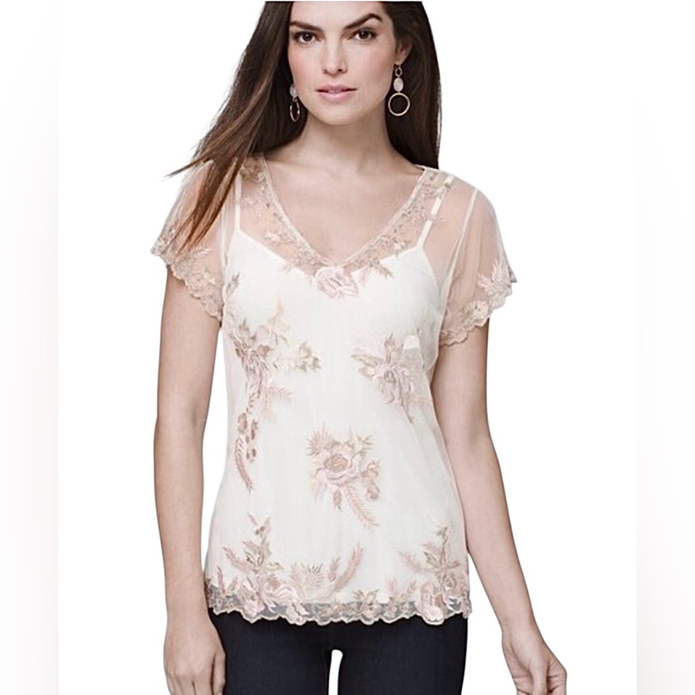 White House/Black Market Sheer embroidered top Size M